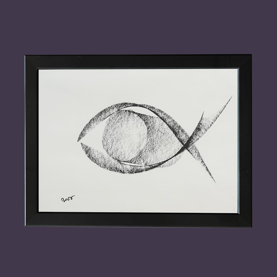 Abstract black ink drawing resembling an eye and a fish